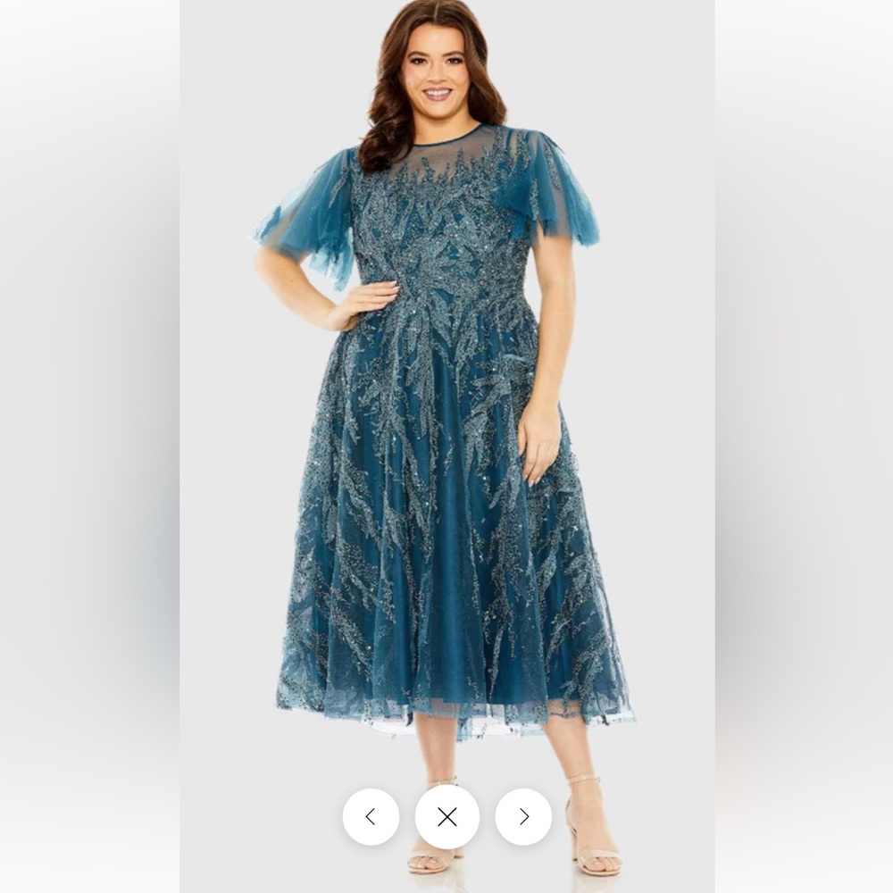 Mac Duggal Teal Embellished Midi A-Line Evening Dress